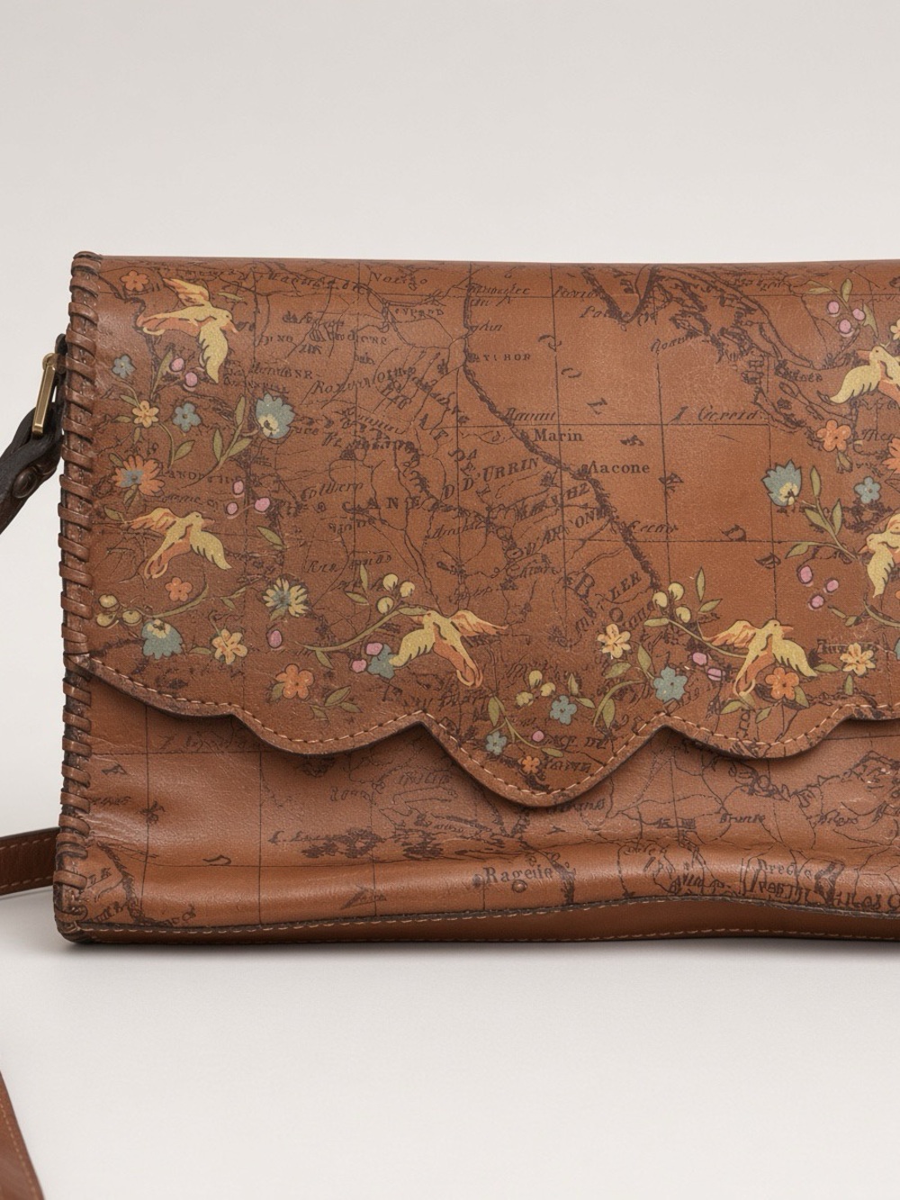 Patricia Nash Brown Scallop-Flap Floral Map Print Crossbody
